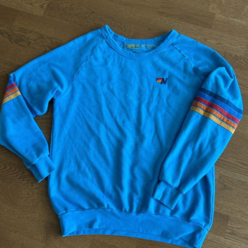 Aviator Nation Blue Crewneck Sweater with Long Sleeves and Striped Detail